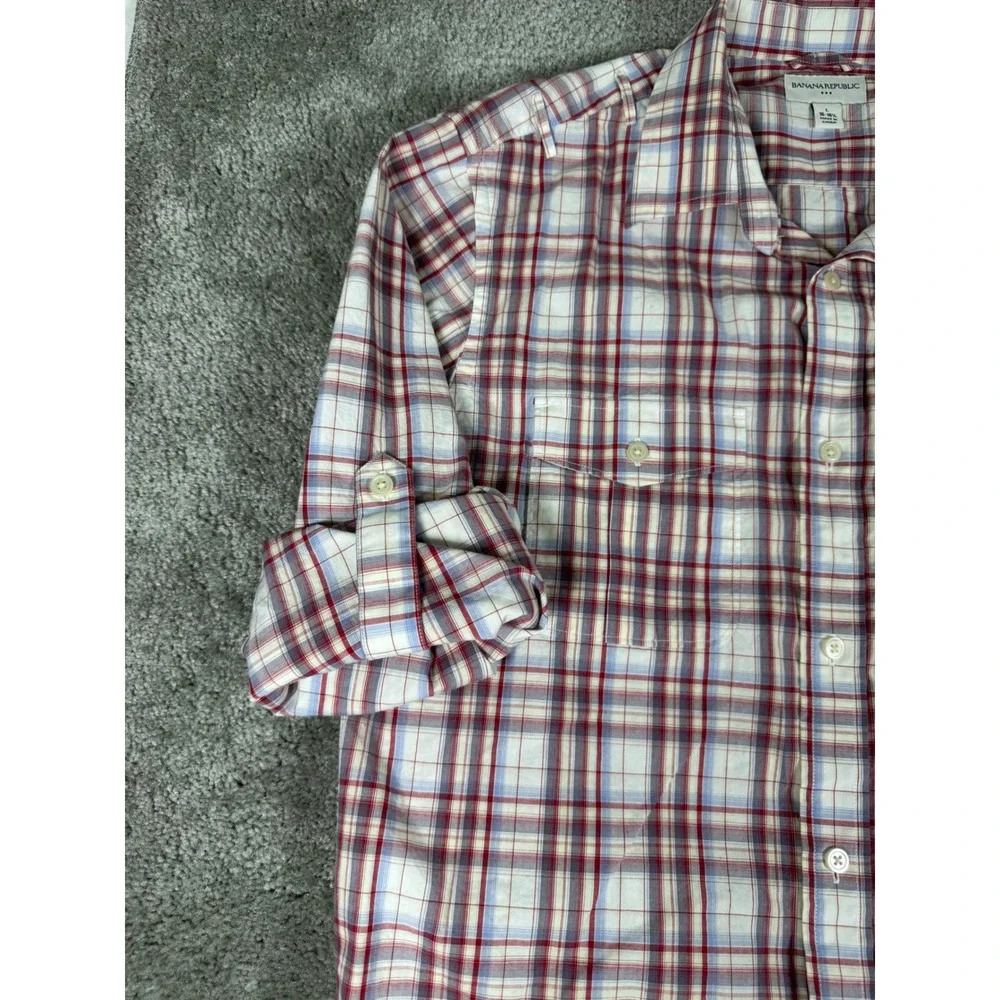 Banana Republic Men Large Plaid Button Down Shirt Red White Blue Roll Tab Cotton